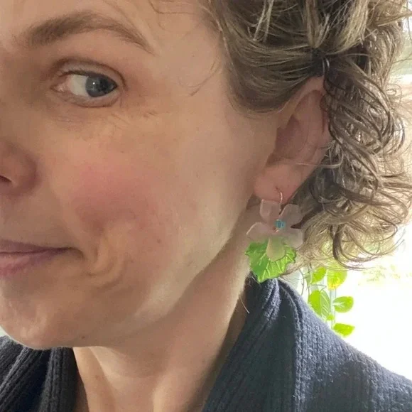 3 for $25/ Handmade Floral Earrings Pink Blue Green Acrylic Briolette Bead - Picture 3 of 4